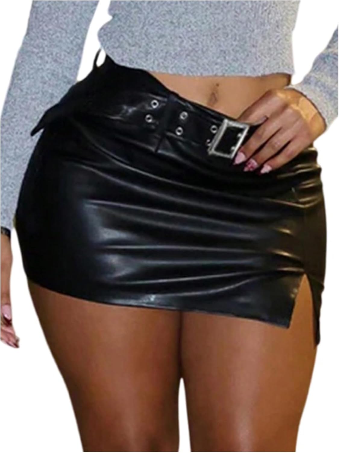 WDIRARA Women's PU Leather Bodycon Mini Skirts Buckle Belted Split Hem Skirts