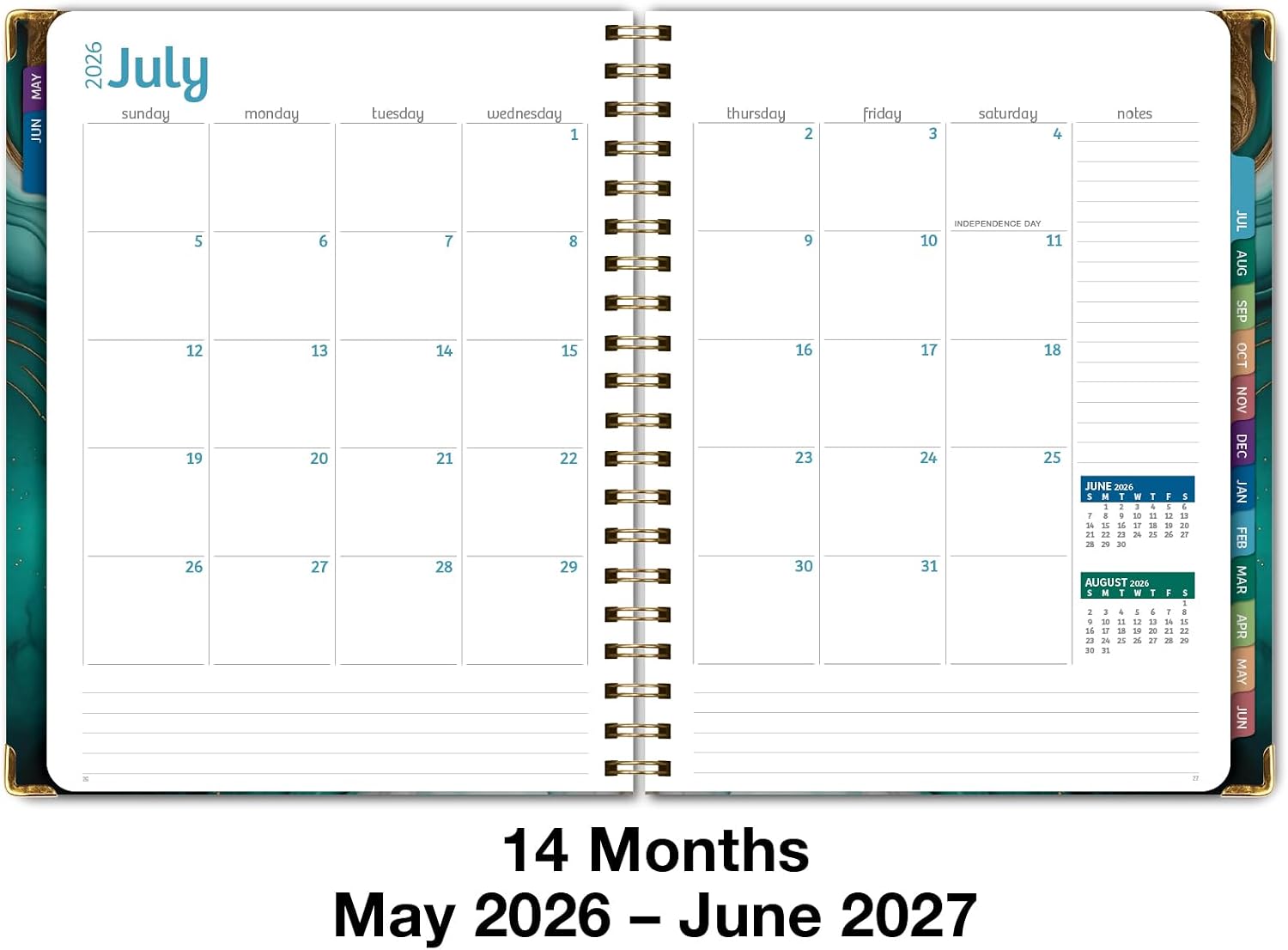 HARDCOVER Academic Year 2026-2027 Planner: 14 Months (May 2026 Through June 2027) 8.5"x 11" Daily Weekly Monthly Planner Yearly Agenda. Bookmark, Pocket Folder and Sticky Note Set (Teal Gold Marble) image 5