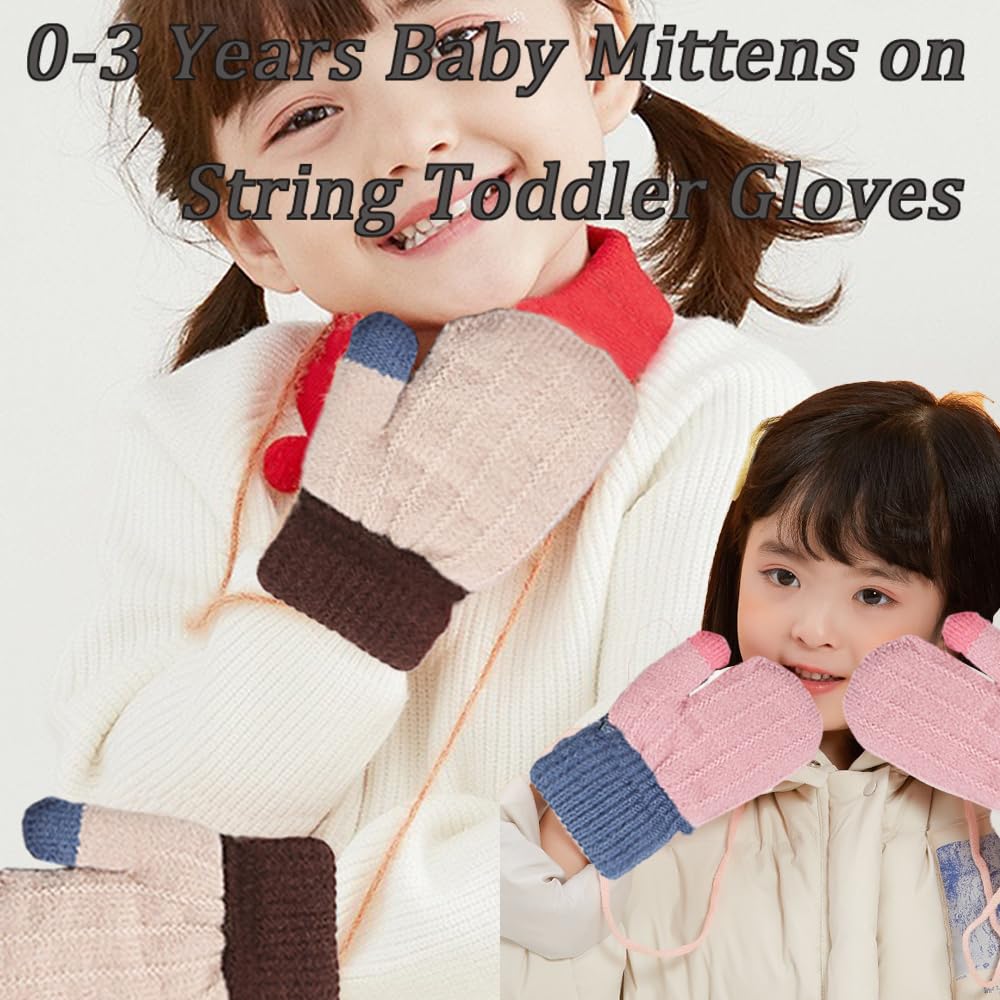 2 Paire Moufle Enfant Tricoté Gants Epais avec Corde Epais Plein-Doigts Hiver Motif Gants Moufles Toddler Enfants Gants Sport Extérieur Ski Snowboard Camping Moufles à Accrocher au Cou pour 0-3 Ans