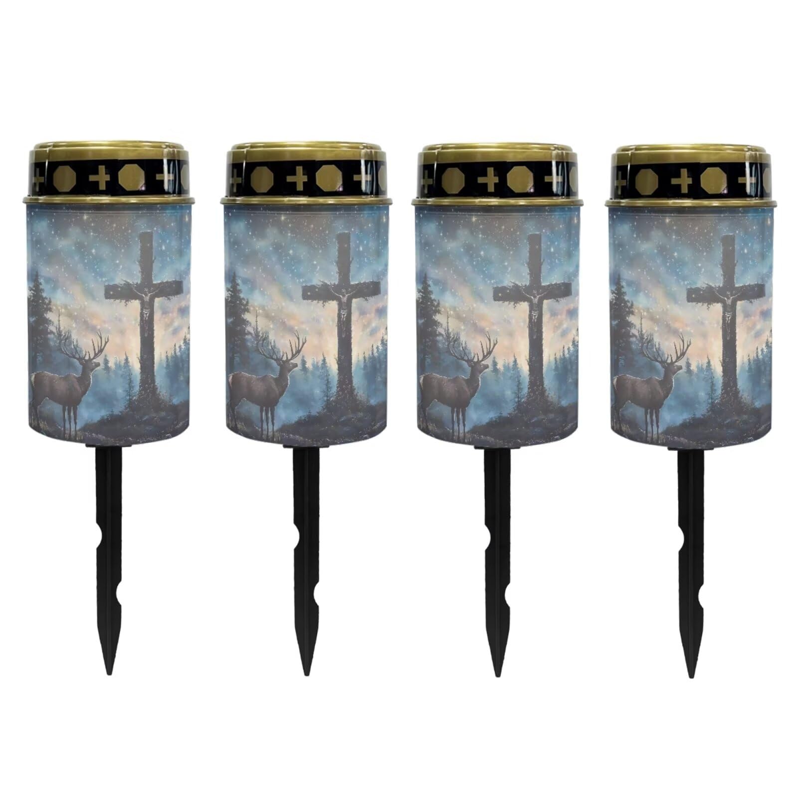 Poceacles 4 Pieces Cross Solar Powered Outdoor Lights Cemetery Solar Candle Solar Memorial Lights Outdoor Waterproof Landscape Lights for Yard Patio Lawn Outdoor Home Decor, Deer Cross Galaxy Blue
