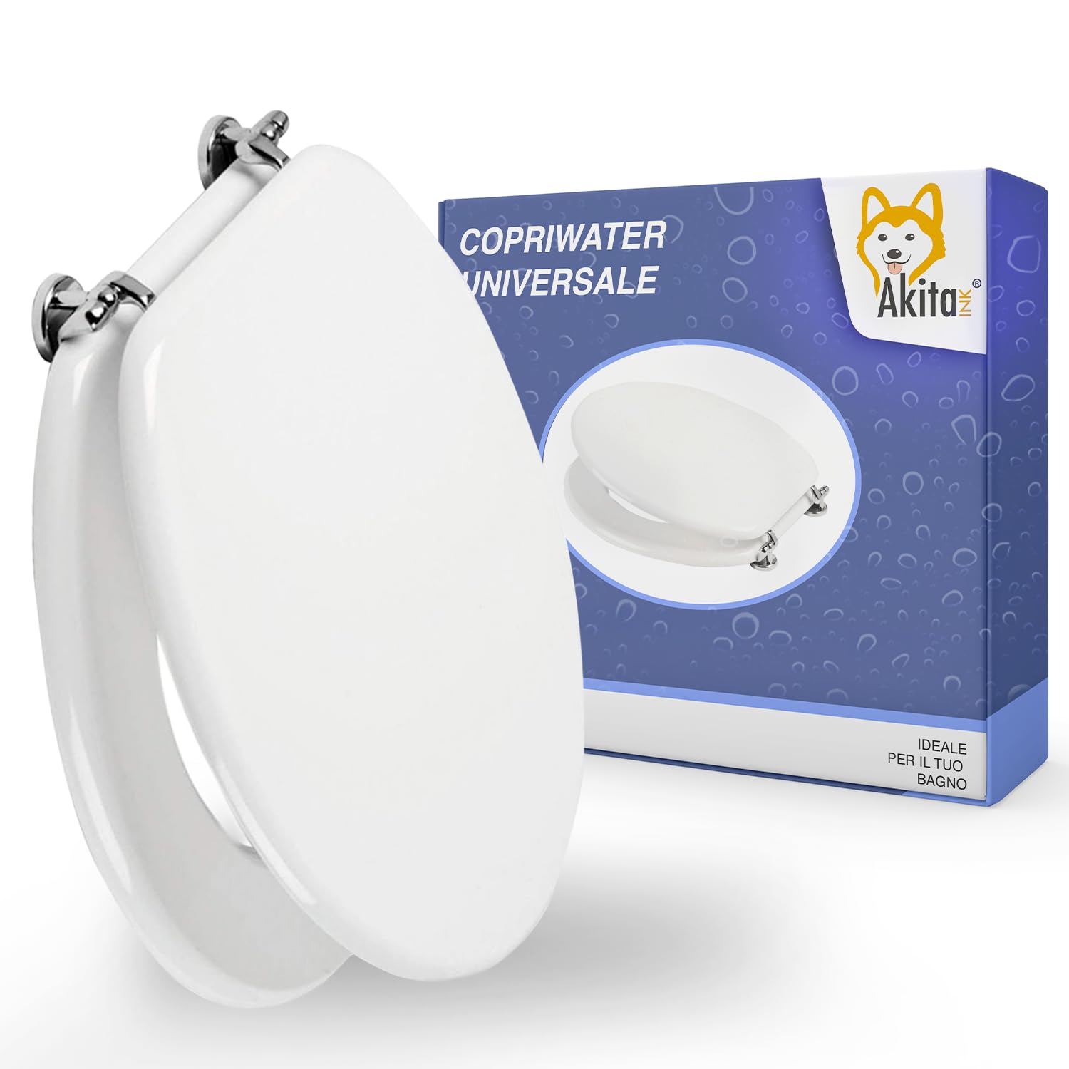 AKITAInk Copriwater Universale in Legno MDF Bianco – Sedile WC per Bagno, Tavoletta Copri WC Resistente con Cerniere in Metallo, Adatto a Tutti i Sanitari Standard