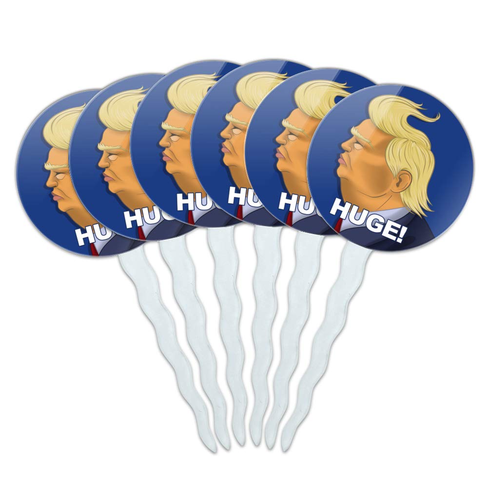 Donald Trump Caricature Cupcake Toppers - Set Of 6, Wind-Blown Hair Design, Food-Safe Acrylic Picks