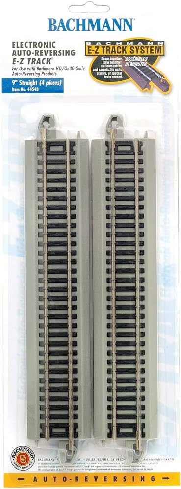 Bachmann Trains E-Z TRACK REVERSING 9" STRAIGHT (4/card) - NICKEL SILVER Rail With Grey Roadbed - HO Scale