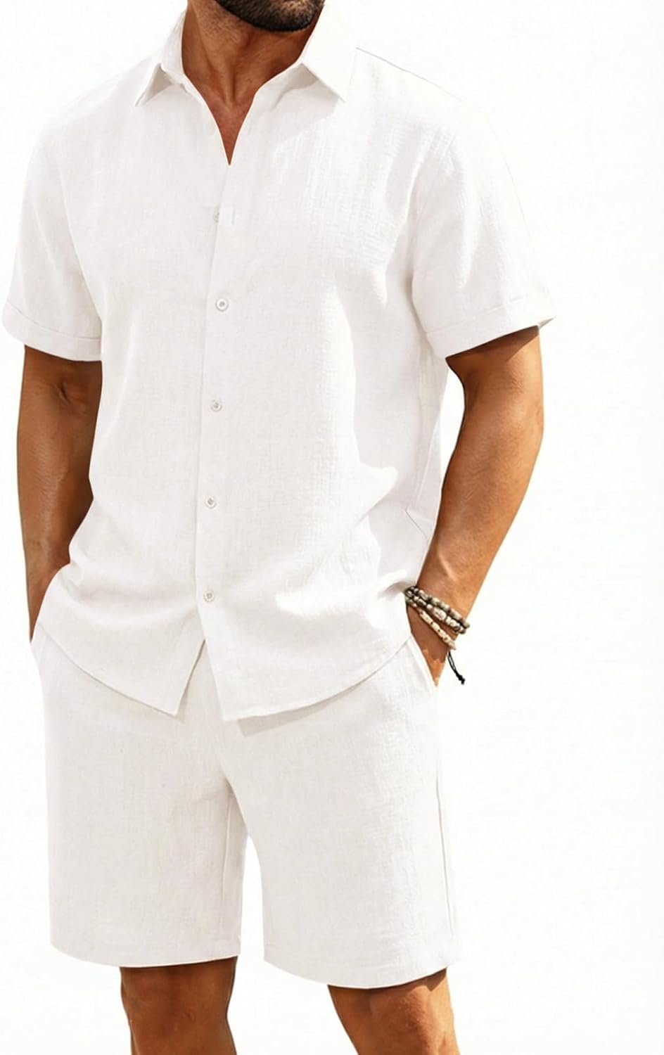 Runcati Mens Short Sleeve 2 Piece Sets Button Down Casual Summer Beach Vacation Linen Shirt and Shorts Outfit