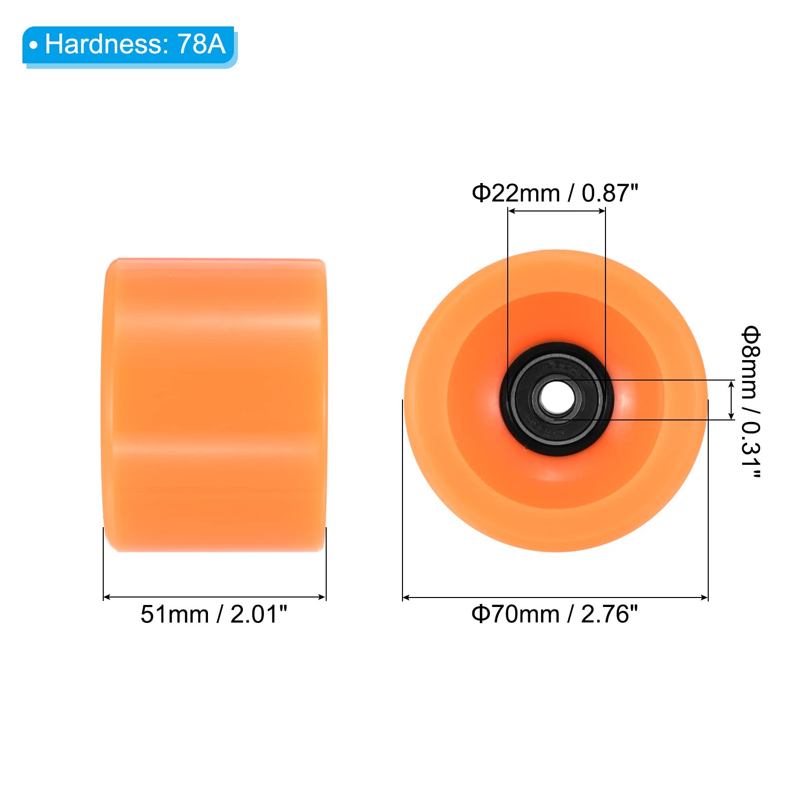 PATIKIL 70mm 78A Tabla Larga Ruedas con Negro ABEC-9 Rodamientos, 4 Paquete Suave Crucero Ruedas Calle Ruedas para Monopatines Monopatín Rueda PU, Naranja