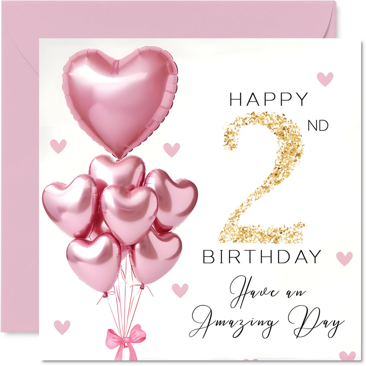 2nd Birthday Cards for Girls, Pink Glitter Balloons