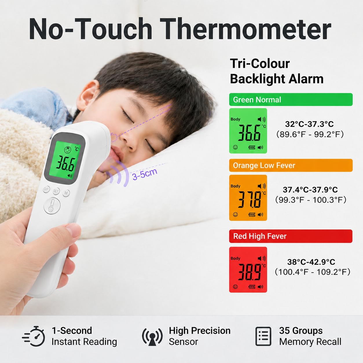 Thermomètre Frontal Sans Contact, Thermomètre Infrarouge Médical Numérique pour Bébé, Enfant et Adulte, Écran LCD Rétroéclairé 3 Couleurs, Lecture Instantanée et Précise, Alarme de Fièvre