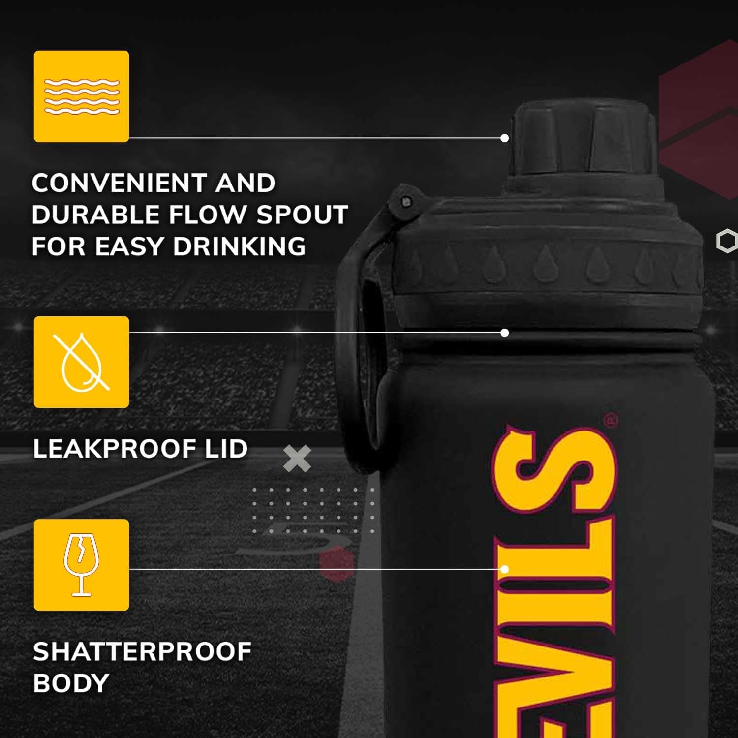 Campus Colors NCAA Stainless Steel Water Bottle - Twist on cap - 24 oz - Carry Clip - Keeps Your Drinks Hot or Cold for Hours (Arizona State Sun Devils - Black)