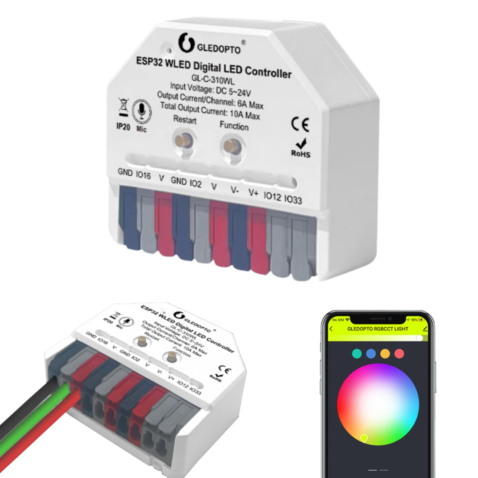 GLEDOPTO GLEDOPTO ESP32 Mini WLED LED Controller with Microphone DC 5~24V DIY Dynamic Lighting App Control Addressable Digital RGB IC WS2811 WS2812 SK6812 TM1814 WS2813 WS2815 Strip Light (GL-C-310WL-Mic)