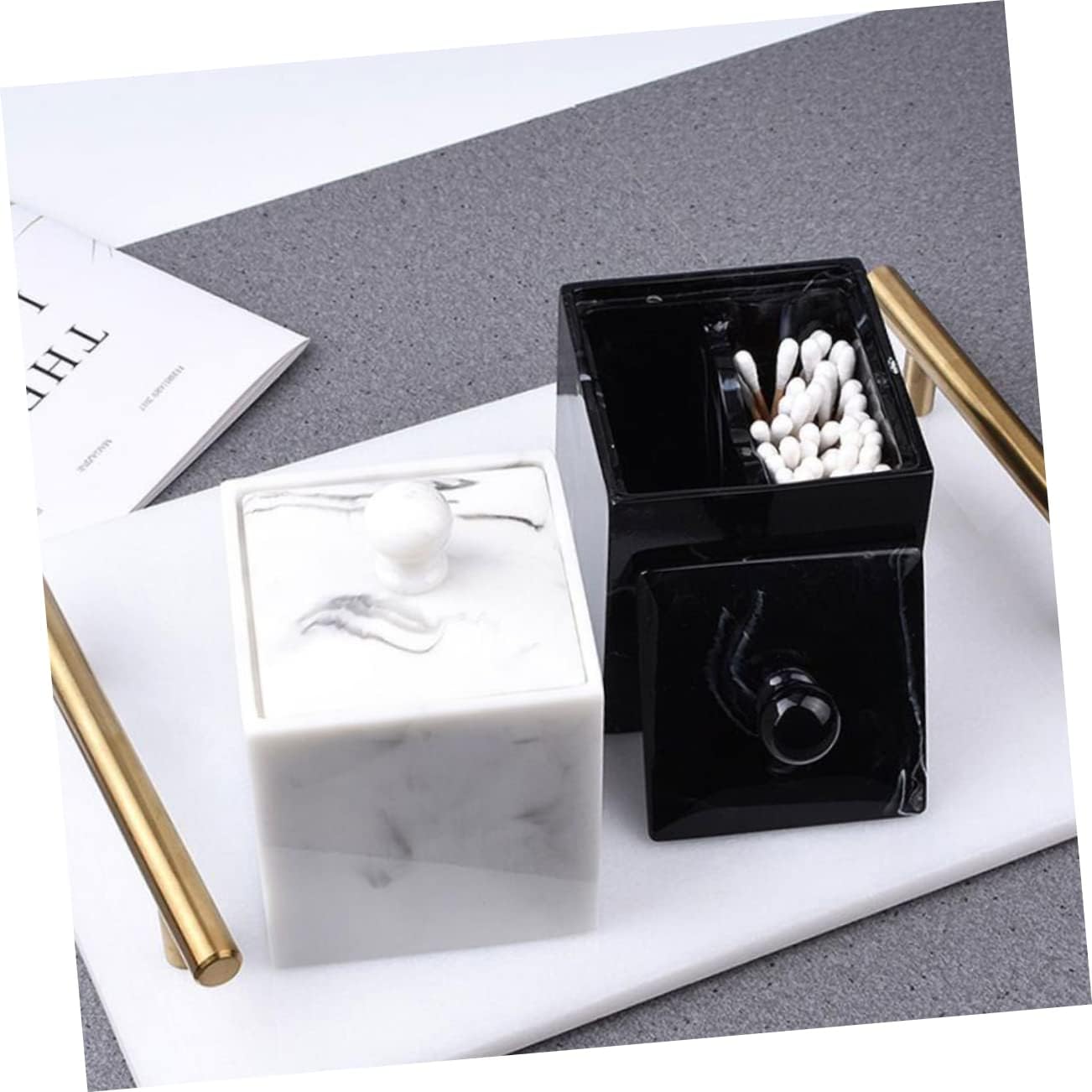 2pcs Marble Cotton Swabs Holder and Makeup Cotton Pads Organizer Double Grids Resin Storage Box for Bathroom Dresser and Office Lid White