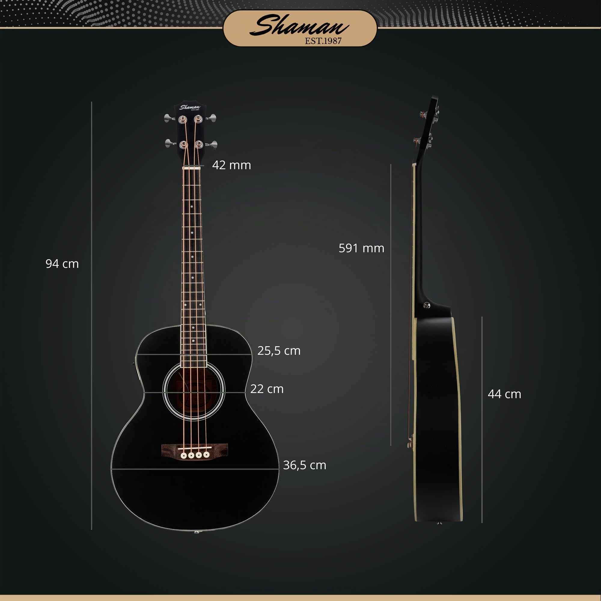 Shaman ABM4-50E-BK Basso Acustico Nero, Generale, Modello: ABM4-50E-BK | Serie: AB Mini, Peso: 1, 74 kg, Numero di corde: 4, Orientamento: Destrimano, Corpo, Forma corpo: AB Mini, Tavola: Abete
