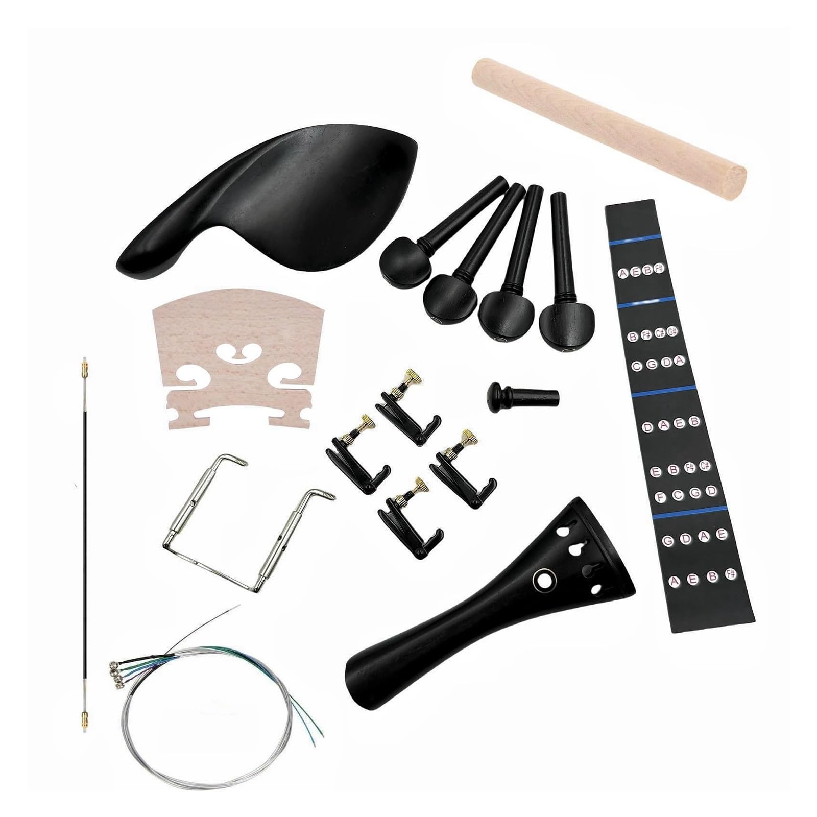 Mentonnière pour violon Kit de pièces violon 3/4 4/4 en ébène, cordier, cheville, repose-menton, autocollant touche, pont, poste sonore(1-4)