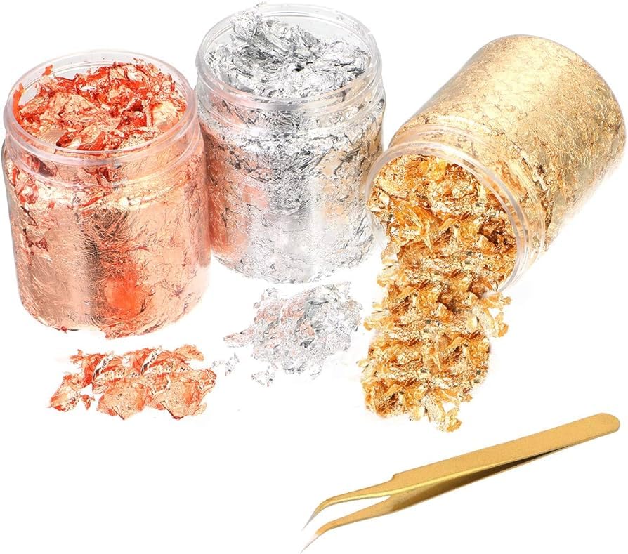 A.S.K Vark Gold Leaf Flakes with Tweezers for Cakes Decorations, Arts N Craft 3 Bottle (Gold, Silver, Rose Gold) 15gm Each-image-25