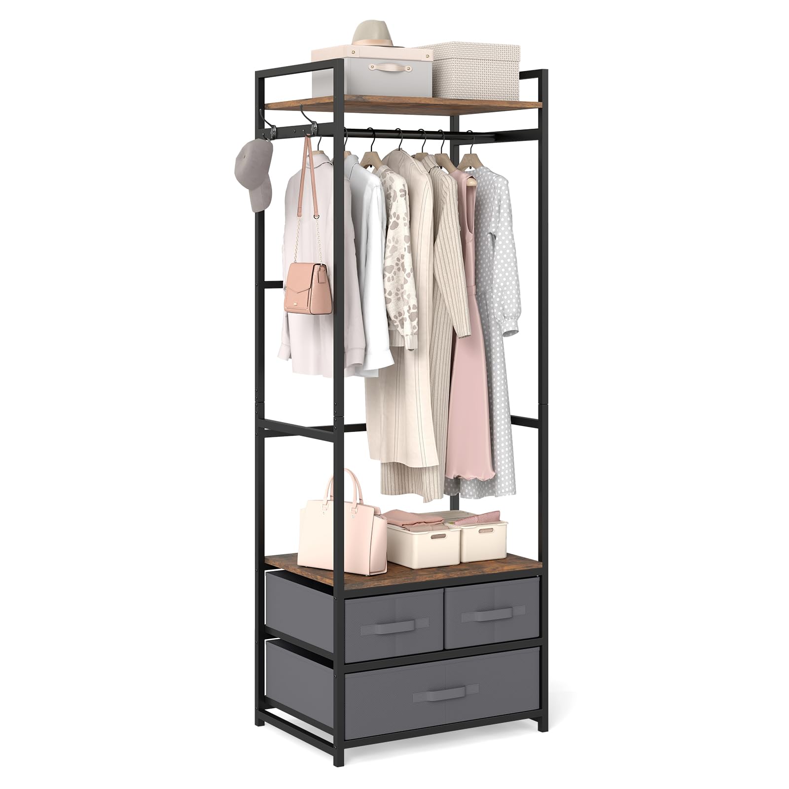COSTWAY Clothes Rail, Freestanding Metal Garment Rack Coat Stand with Hanging Rail, 3 Fabric Drawers, Storage Shelf & Side Hooks, Industrial Open Wardrobe Clothing Organiser for Bedroom Closet Hallway