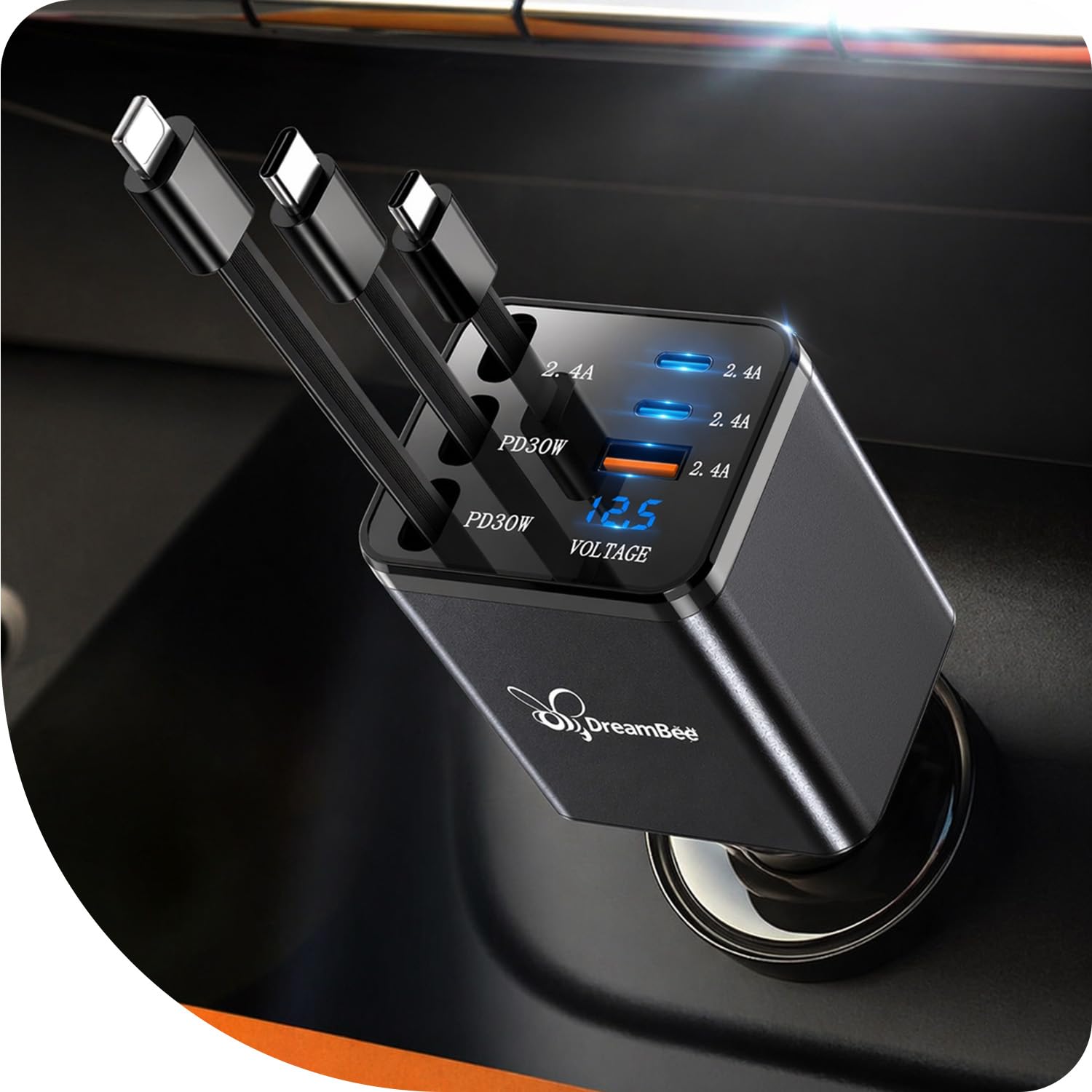 Photo 1 of DreamBee Retractable Car Charger,108W 6 in 1 Super Fast Car Phone Charger with 3 Cords 31.5INCH, USB C Car Charger Adapter for iPhone 17/16/15/14/13 Pro Max XR,iPad,Samsung,Pixel