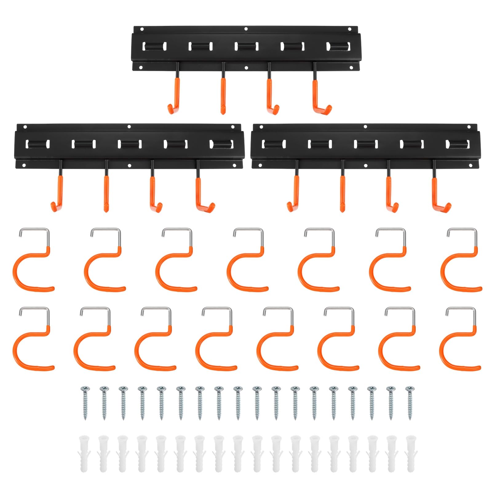 QUARKZMAN Portaherramientas de Jardín Kit, Soporte Metálico de Pared Empalmable con Ganchos Naranja para Herramientas Colgador para Escobas Fregonas Sótano Garaje, 123cm Largo Total