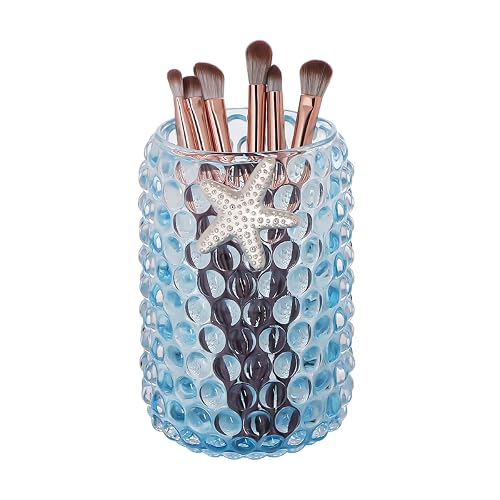Tonxus Makeup Brushes Holder,Cute Glass Cosmetic Brush Organizer Cup with Starfish Decor,Bubble Crystal Pencil Holder,Vanity Makeup Storage Cups for Eyeliner Eyebrow Pens (Light Blue)