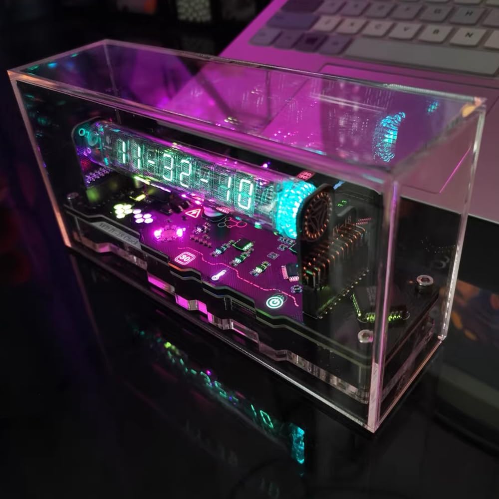 Tphraval Rgb Imitation Nixie Tube Clock Fluorescent Tube Clock Cyberpunk Ornaments Iv18 Fluorescent Tube Clock Can Display The Date, Time, Weather And Temperature Creative Gifts