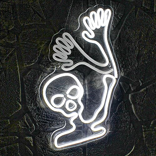 Image of WLHOPE Skull Neon Signs - White LED Skeleton Skull Signs for Wall Decor, Halloween Decor, USB Waving Ghost Neon Light Up Signs for Bedroom, Kid's Room, Bar, Club, Shops, Party Decoration