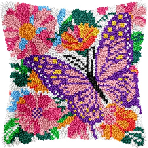 Image of LUBOT Butterfly Flowers Latch Hook Kits for Adults Rug Pillow Cover with Printed Canvas Pattern Crochet Kit for Beginners 17 inch X 17 inch