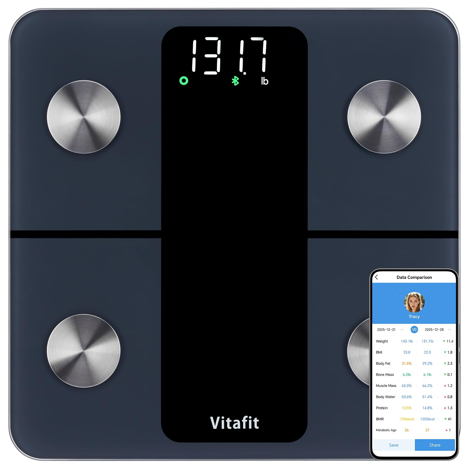 vitafit smart bathroom scale body weight, high accuracy assured by weight scale professional factory since 2001, app sync 13 body composition including bmi, body fat and muscle, 400lb, led, black