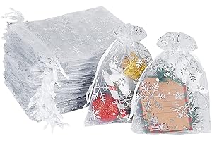 YQL Snowflake Organza Drawstring Bags, 4x6Inch Sequin Christmas Favor Jewelry Pouches