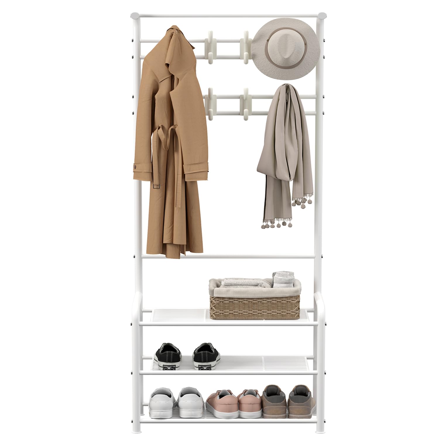 Innotic Garderobenständer mit Schuhablage, 3 in 1 Kleiderständer mit Haken | 16 Haken & Höhenverstellbare, Verdicktes Stahlrohr, Stabil Garderobenständer, für Eingang, Wohnzimmer, Schlafzimmer ,Weiß