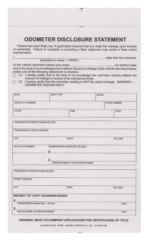 Odometer Disclosure Statement - 3 Part - Designed to Give You Extra Room to Write - Meets Federal and State Guidelines - Pack of 100