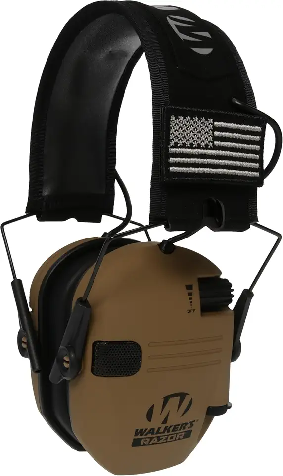 Walker's Protetor de ouvido eletrônico Razor Slim ultra baixo perfil compacto, alcance ajustável, tiro, caça, proteção auditiva, marrom batalha - Patriot Series
