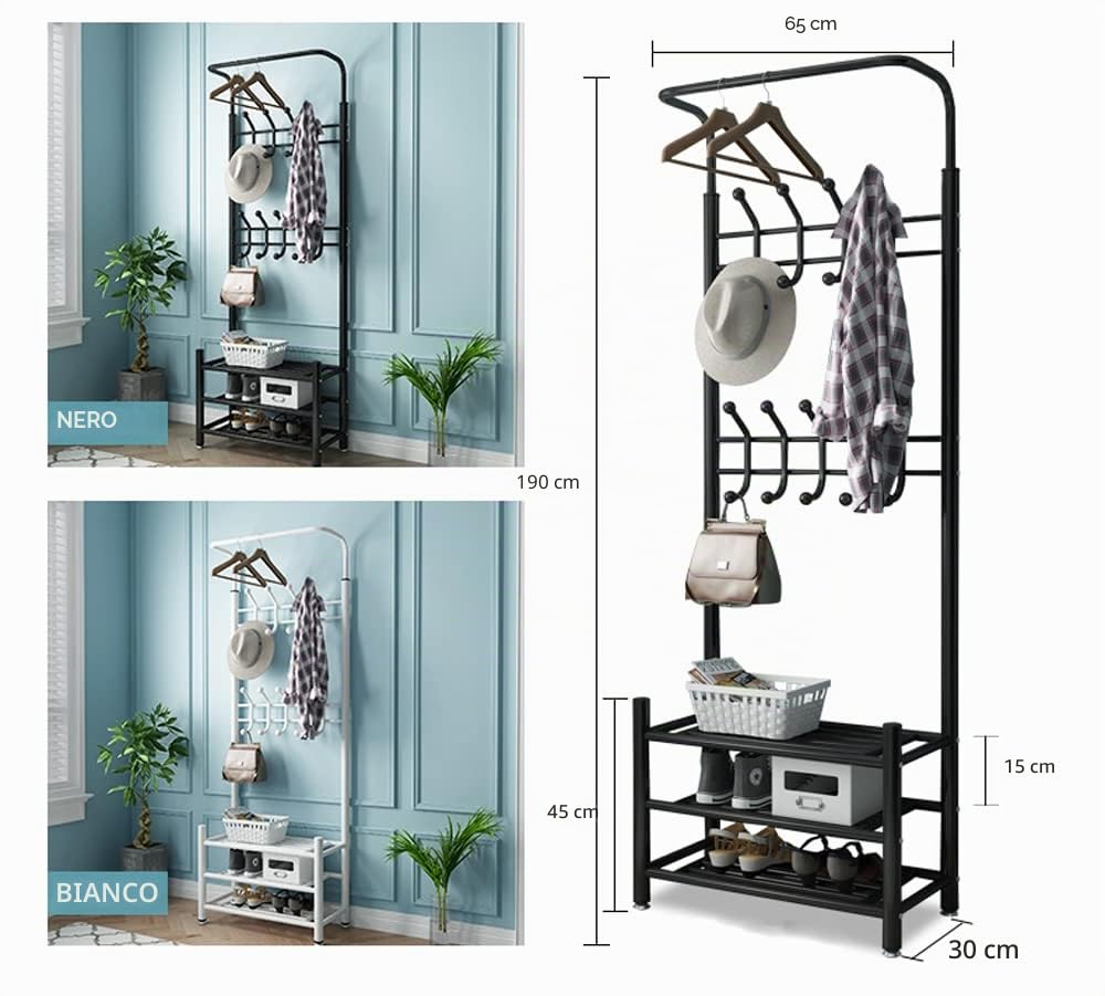 MAGIC SELECT Appendiabiti Portabiti, Barra Superiore per Grucce, 18 Ganci e 3 Ripiani per Scarpiera - Appendiabiti in Metallo per Ingresso Corridoio