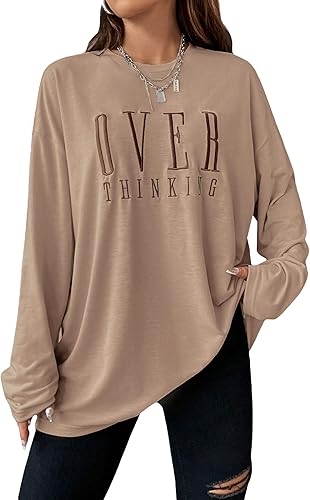 SOLY HUX Camisetas de manga larga con cuello redondo y bordado de letras para mujer