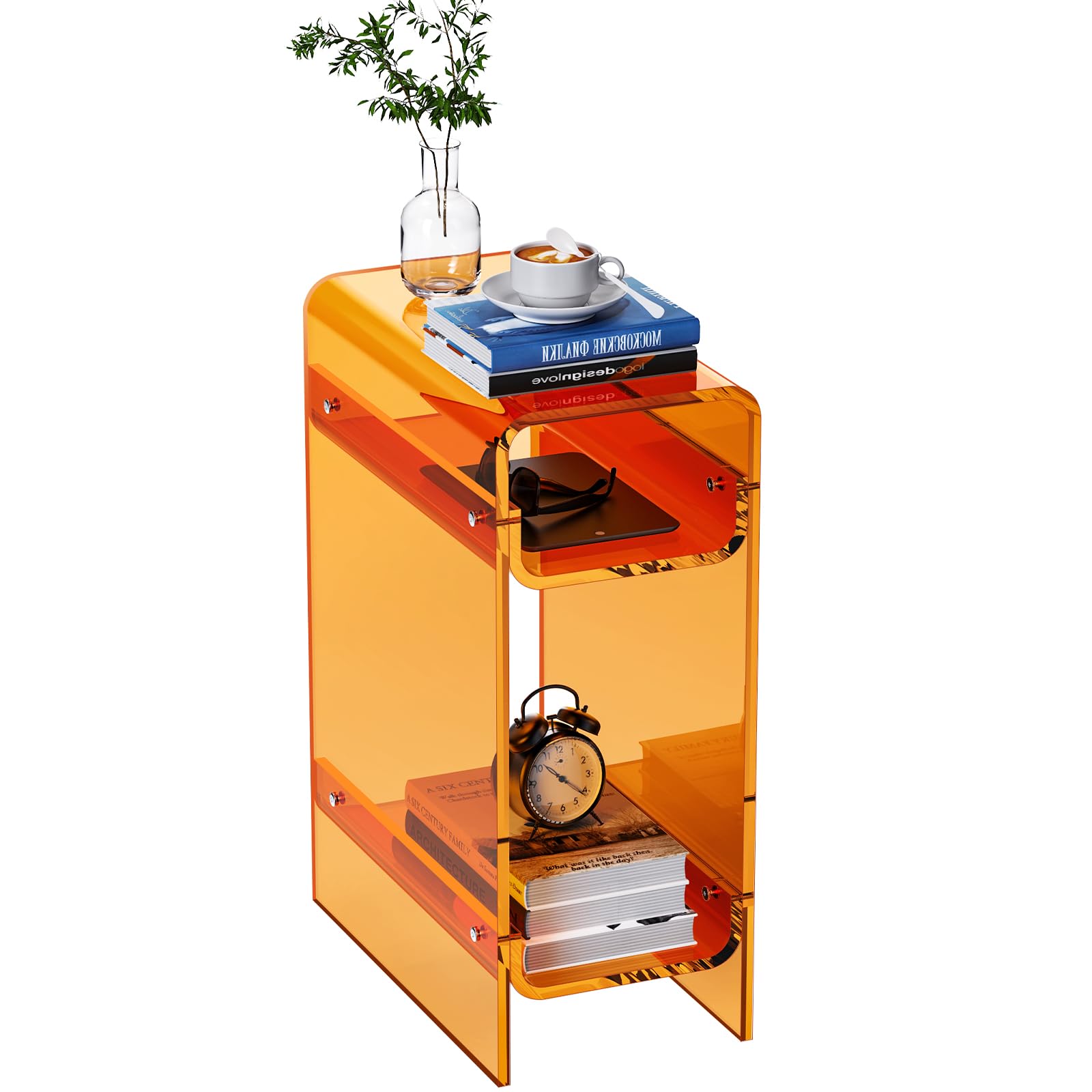 Beistelltisch aus transparentem Acryl, schmal, schmaler Beistelltisch für kleine Räume, schmaler Nachttisch, Nachttisch für Schlafzimmer, Wohnzimmer, Büro (Orange, 22×40×55cm)