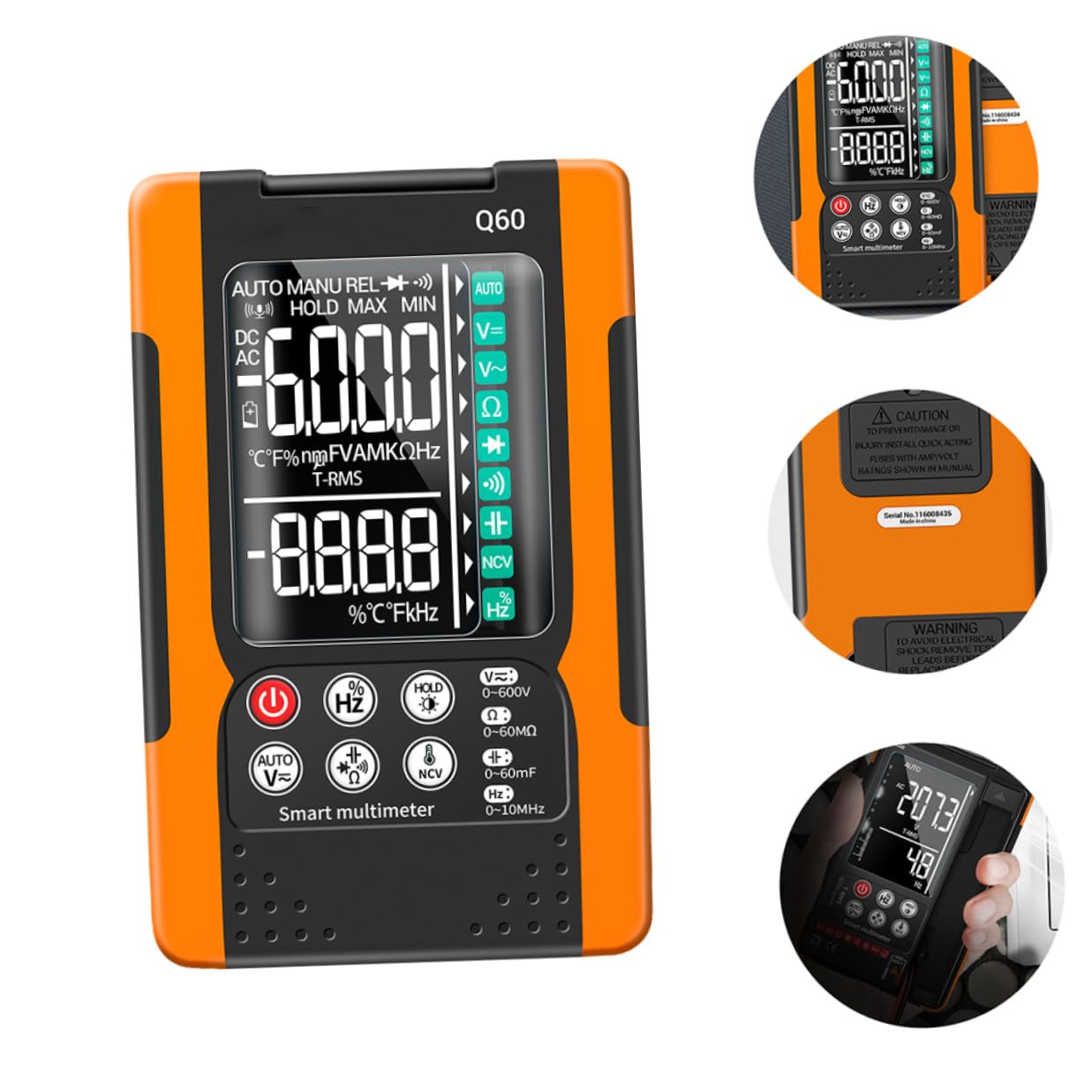 SAFIGLE Q60 Digital Multimeter Auto-ranging True Voltage Current Tester with Ncv Detection Diode Test Data Hold Backlight for Home Electrical Measurement and DIY Use