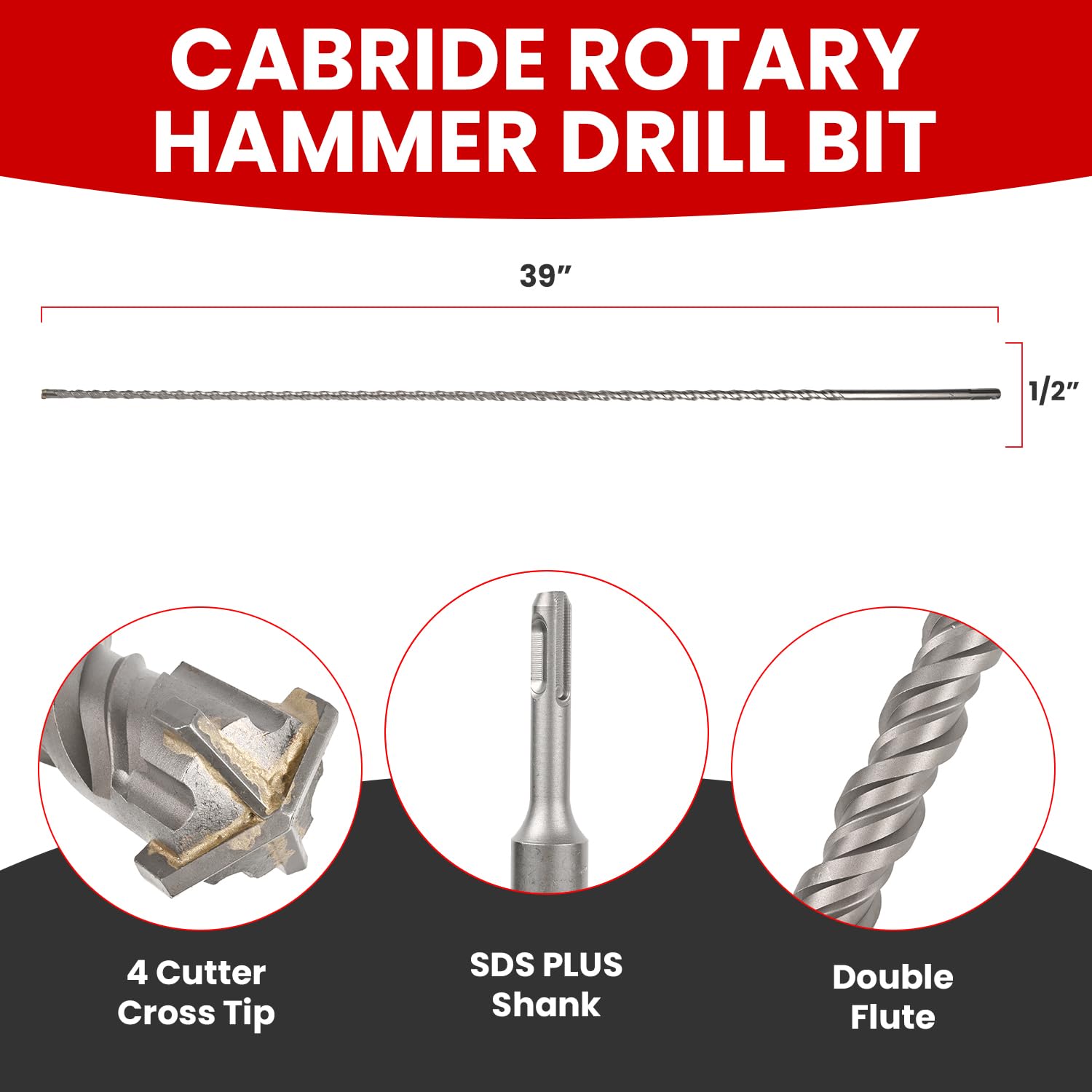 1/2 X 39 in SDS Plus Bits, Rotary Hammer Drill Bits, Carbide, Masonry Drill Bits for Concrete, Stone, SDS Plus Hammer Double Flute, Masonry Drill Bit, Concrete Drill Bit