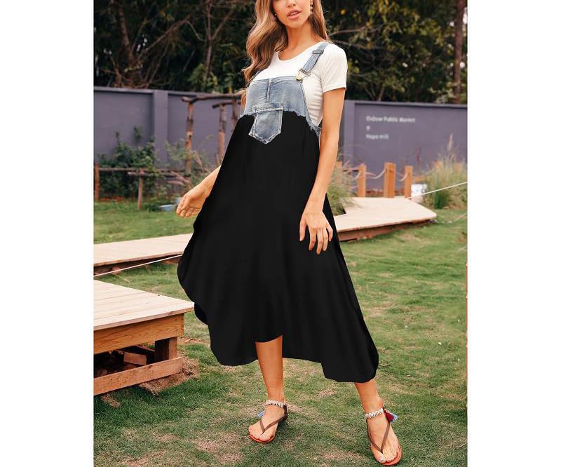 REHJJDFD Women's Ruffled Long Loose Denim Strappy Skirt Big Swing Dresses4