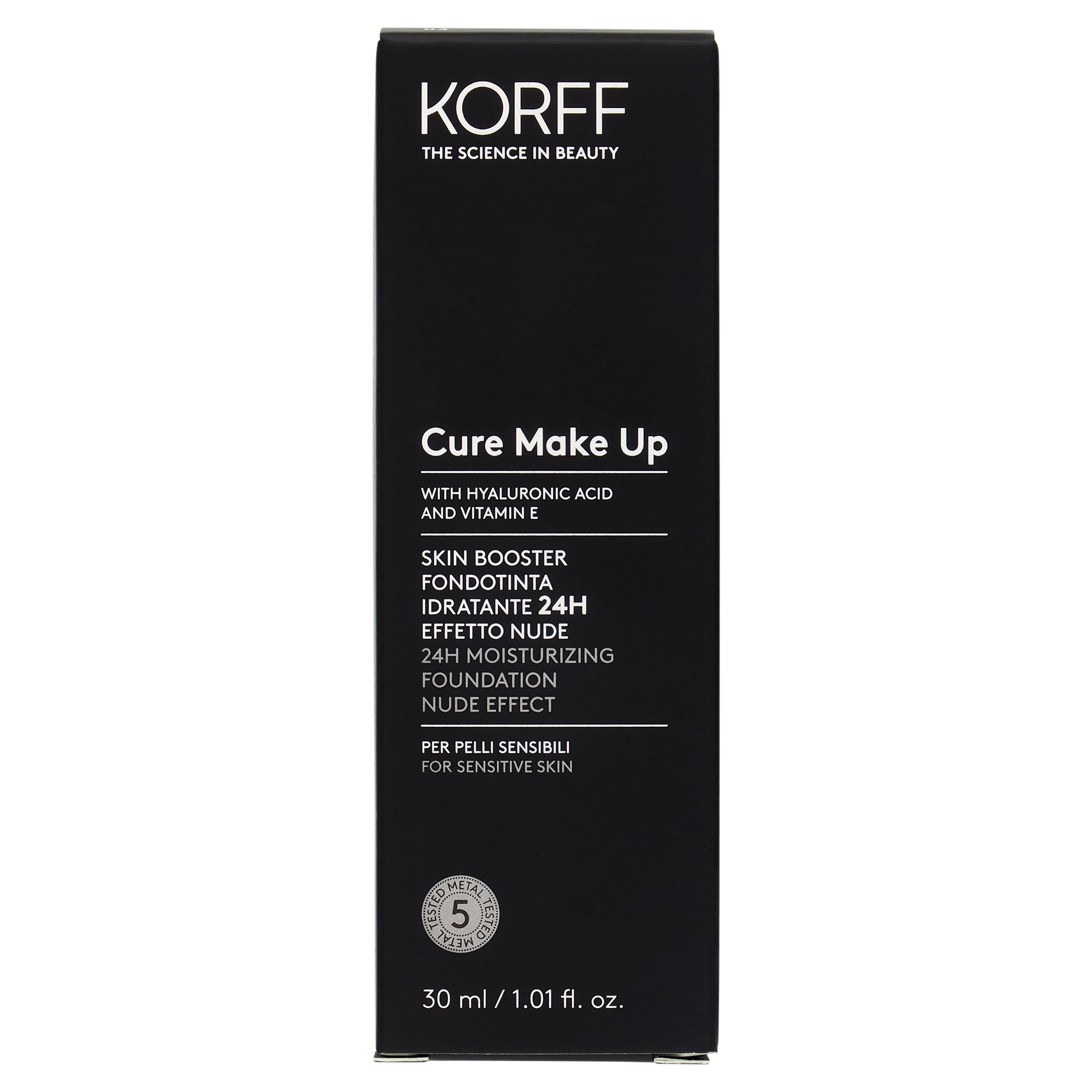 Korff Skin Booster Fondotinta Idratante 24h Effetto Nude con Acido Ialuronico e Vitamina Texture Sottile Setosa Coprenza Bassa Confezione 30ml
