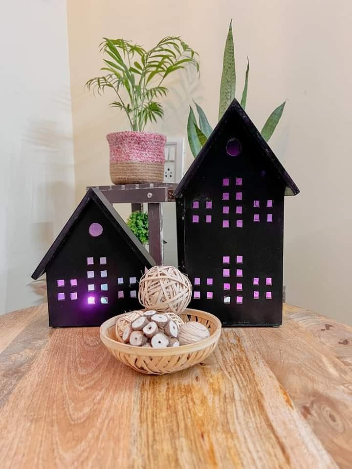 WHF Set of 2 Colorful Light-Up Wall Hanging Huts - Big 11" & 7.5" Size Decorative Hut Ornaments for Vibrant Home Ambiance.