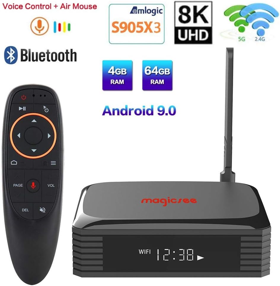 8K Ultra HD Smart Media Player with Voice Remote Control,Magicsee N5 Plus Android 9.0 TV Box Amlogic S905X3 4GB Ram 64GB Rom Quad Core 2.4G/5Ghz Wifi Ethernet USB HDMI Bluetooth Support SSD Hard Drive