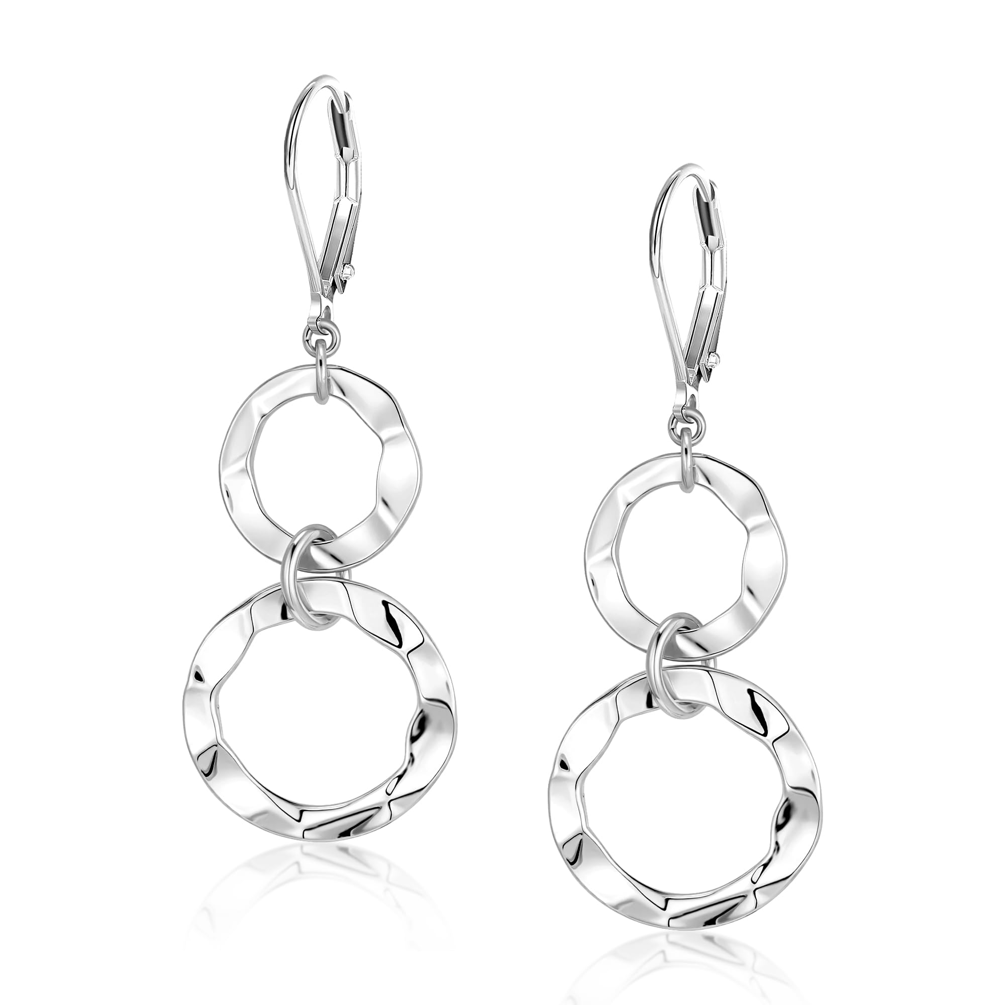 ALEXCRAFT 925 Sterling Silver Hypoallergenic Leverback Double Circle 14K Gold Dangle Earrings for Women Drop Handmade Hammered Round