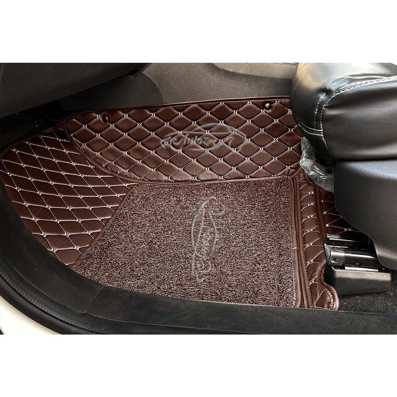 Image of Luxury 7D Car Floor Mat Full Set for Skoda Kodiaq | 7 Layer Protection Mats | Luxury Leather with Noodle /Curly Car Foot Mat with Heal Pad | Anti-Skid & Waterproof (Coffee Coffee)