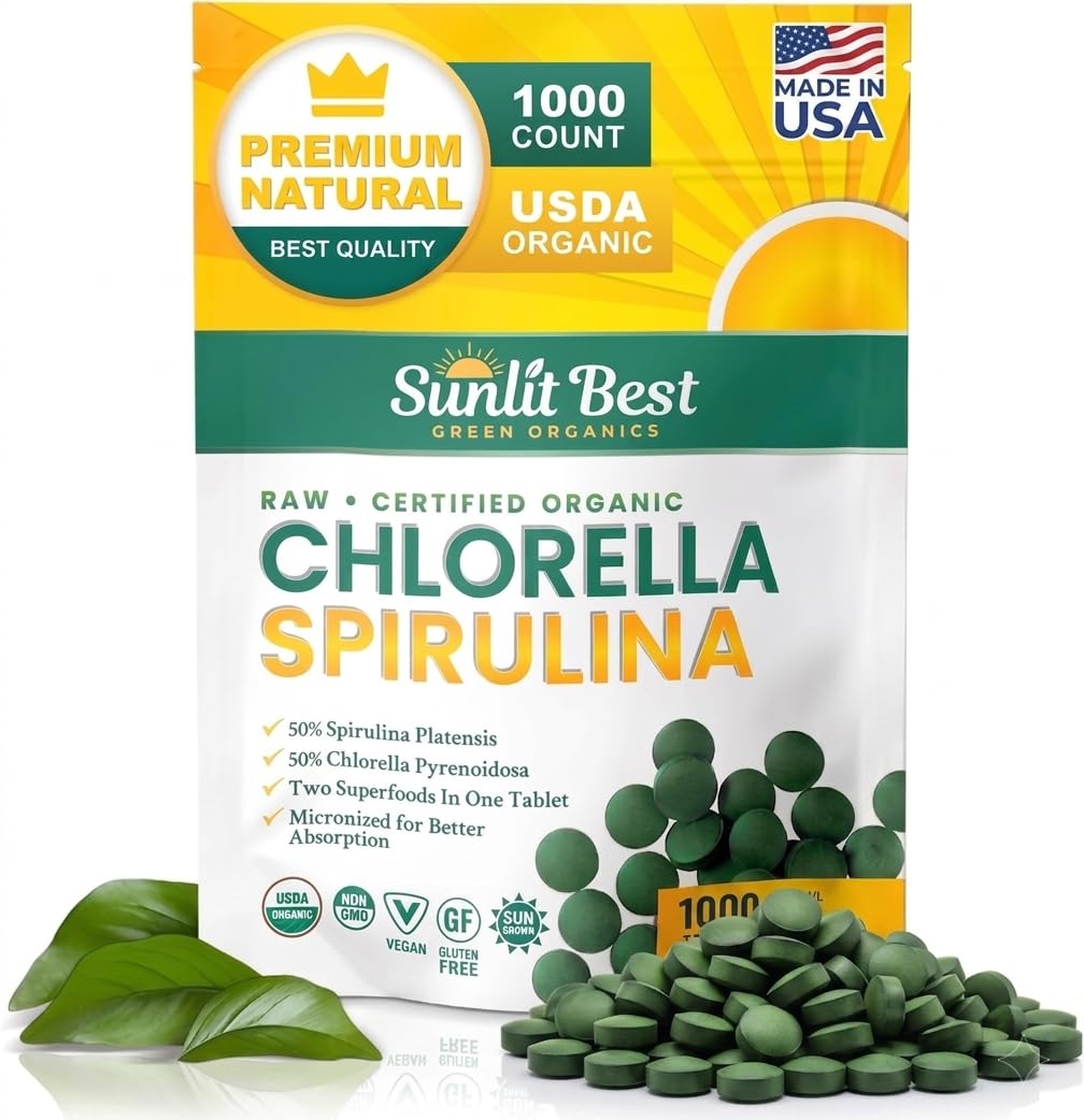 Sunlit Best Organic Chlorella Spirulina Tablets, Green Algae Pills 1000 CT USDA Organic