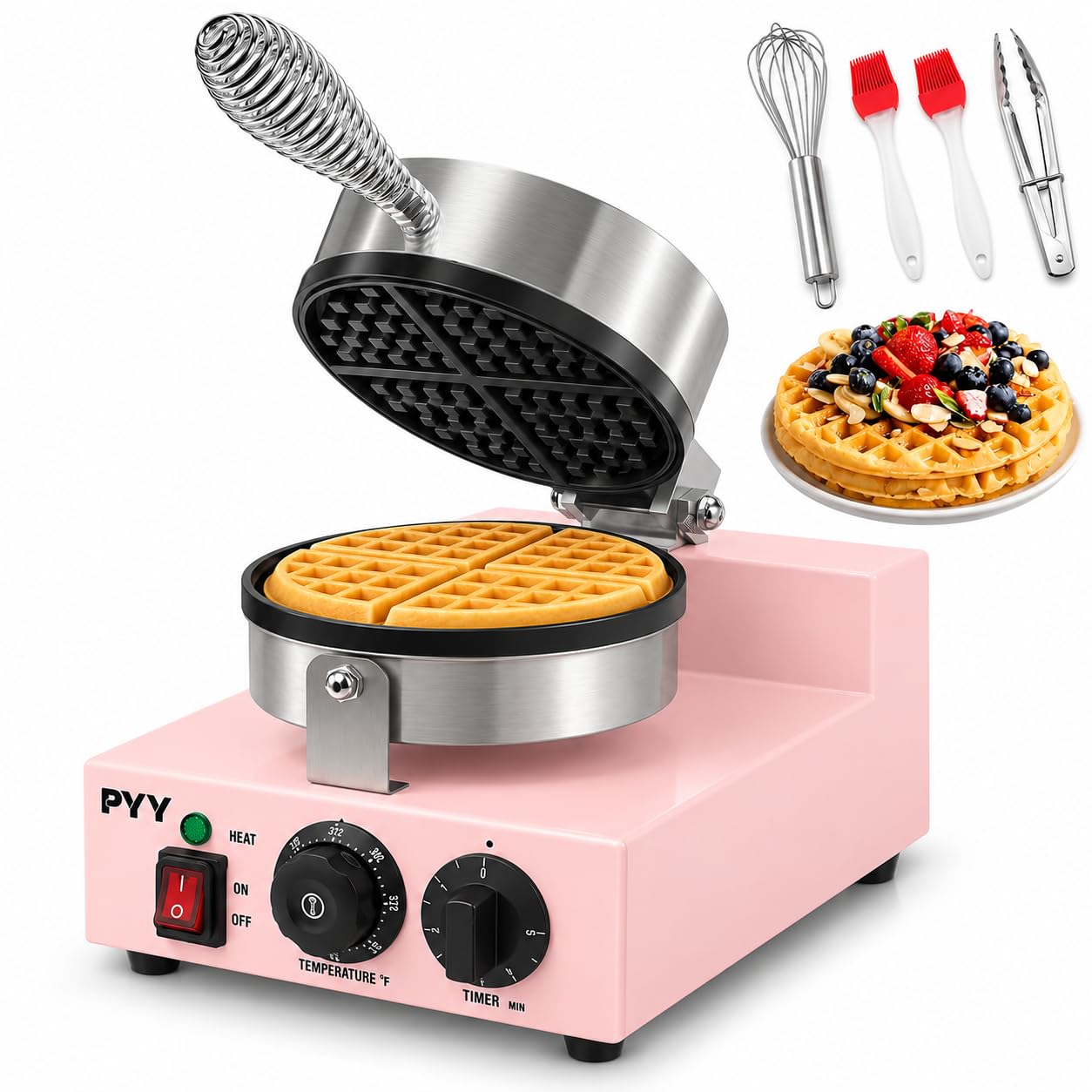 PYY Commercial Waffle Maker, 1200W Professional Waffle Maker Commercial with Nonstick Plates, 122°F-572°F Temp Control, 5-Min Timer, Cool Touch Spring Handle, Home Kitchen Cafe Restaurant, Pink
