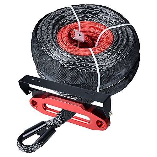 amopacorp Black 95feet x 3/8 inch Synthetic Winch Rope Guard and 10 inch Red Hawse Fairlead with 254mm Flip-Up License Plate Holder Kit