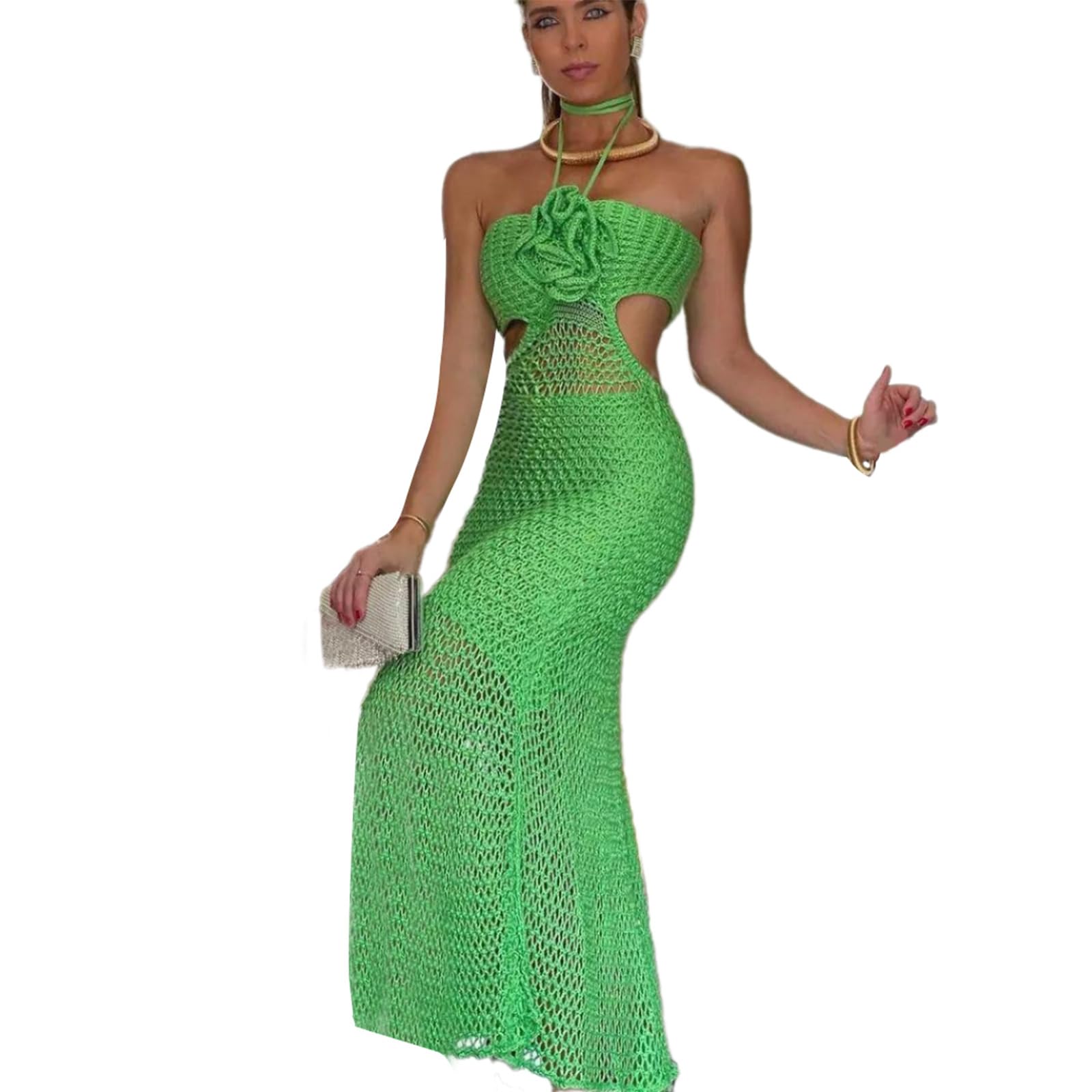 Vestido largo de ganchillo sin mangas tipo maxivestido playero con cuello halter