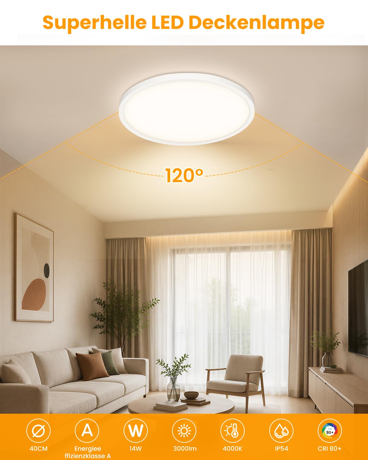 LED Deckenleuchte Effizienzklasse A, Deckenlampe 14W 4000K 3000lm Flach Rund Ø40cm, Modern IP54 Wasserfest Badezimmer Lampe Weiß für Bad Küche Wohnzimmer Schlafzimmer Flur Keller