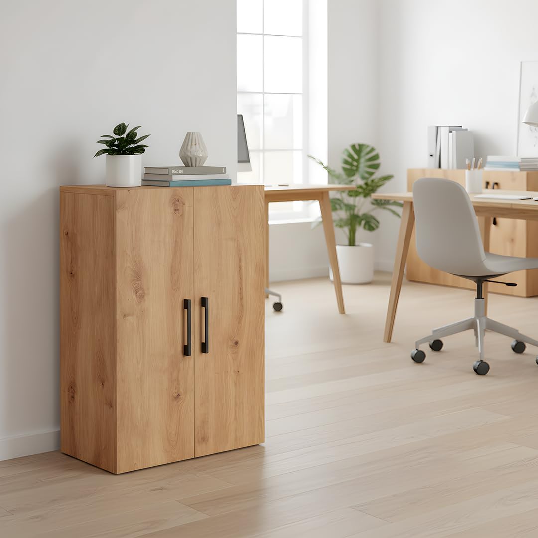 Bellamio Apol Büroschrank 60 cm, mit 3 Fächern, Eichenoptik | Aktenschrank aus Holz, kleines Bücherregal mit 2 Türen für Flur/Wohnzimmer/Büro, Aufbewahrungsschrank