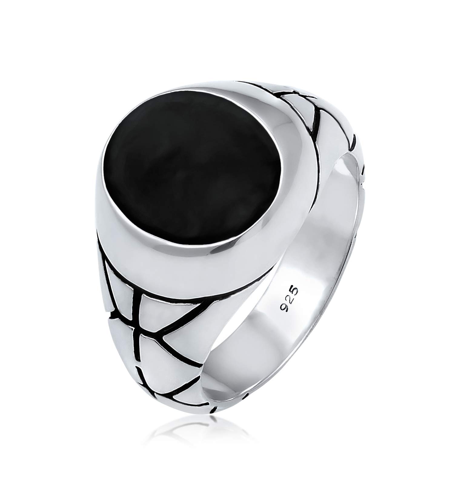 Kuzzoi Siegelring Herrenring oval Emaille schwarz massiv 13 mm 925 Silber | Silberring verziert schwarz oxidiert Ring für Männer in der Ringgröße 60 - 66