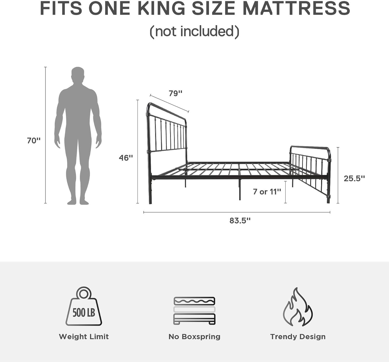 Image showing weight limit, no box spring needed, and trendy design features