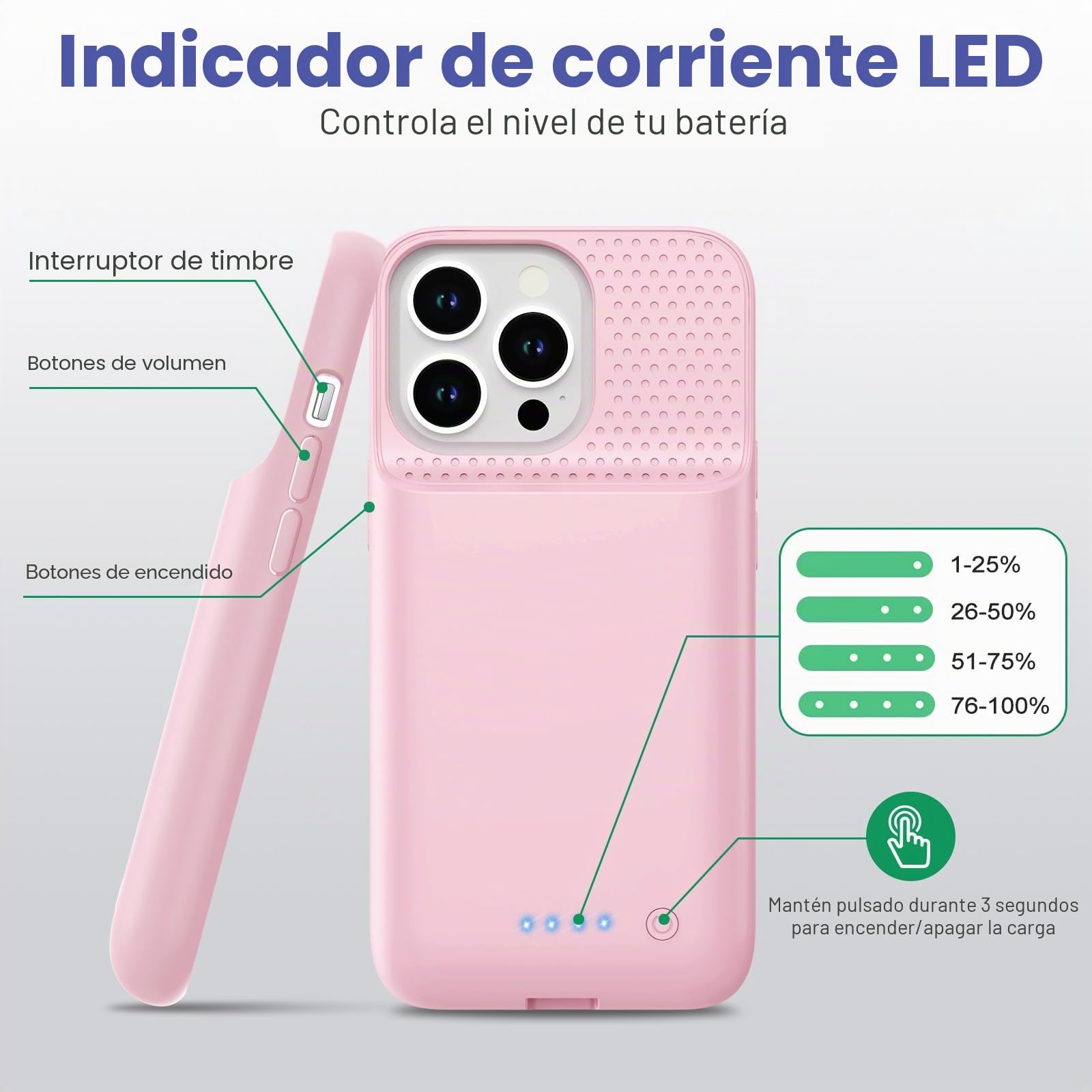 Funda Batería para iPhone 13/13 Pro/14(6,1"), 7500mAh Funda Cargador Portatil Carcasa de Carga Protectora Portátil, Ultra-Silm Carcasa Recargable de Carga Extendida para iPhone 13/13Pro/14-Rosa