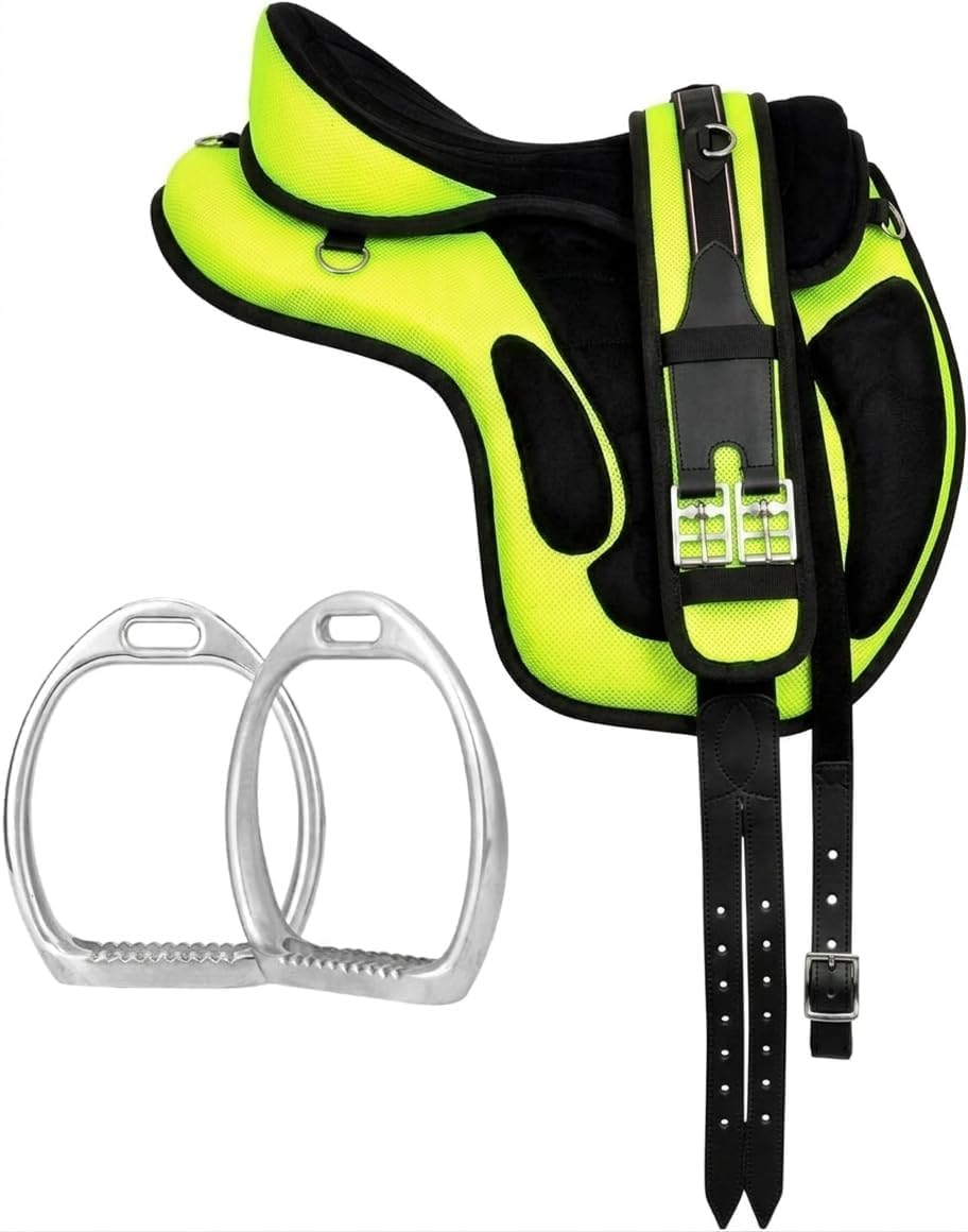 Synthetic Treeless Horse Saddle with Matching Girth | Lightweight Adjustable Freemax Saddle for Trail Riding, Training & Endurance | Soft Padded Equestrian Tack for Horses (Green, 15 Inch)